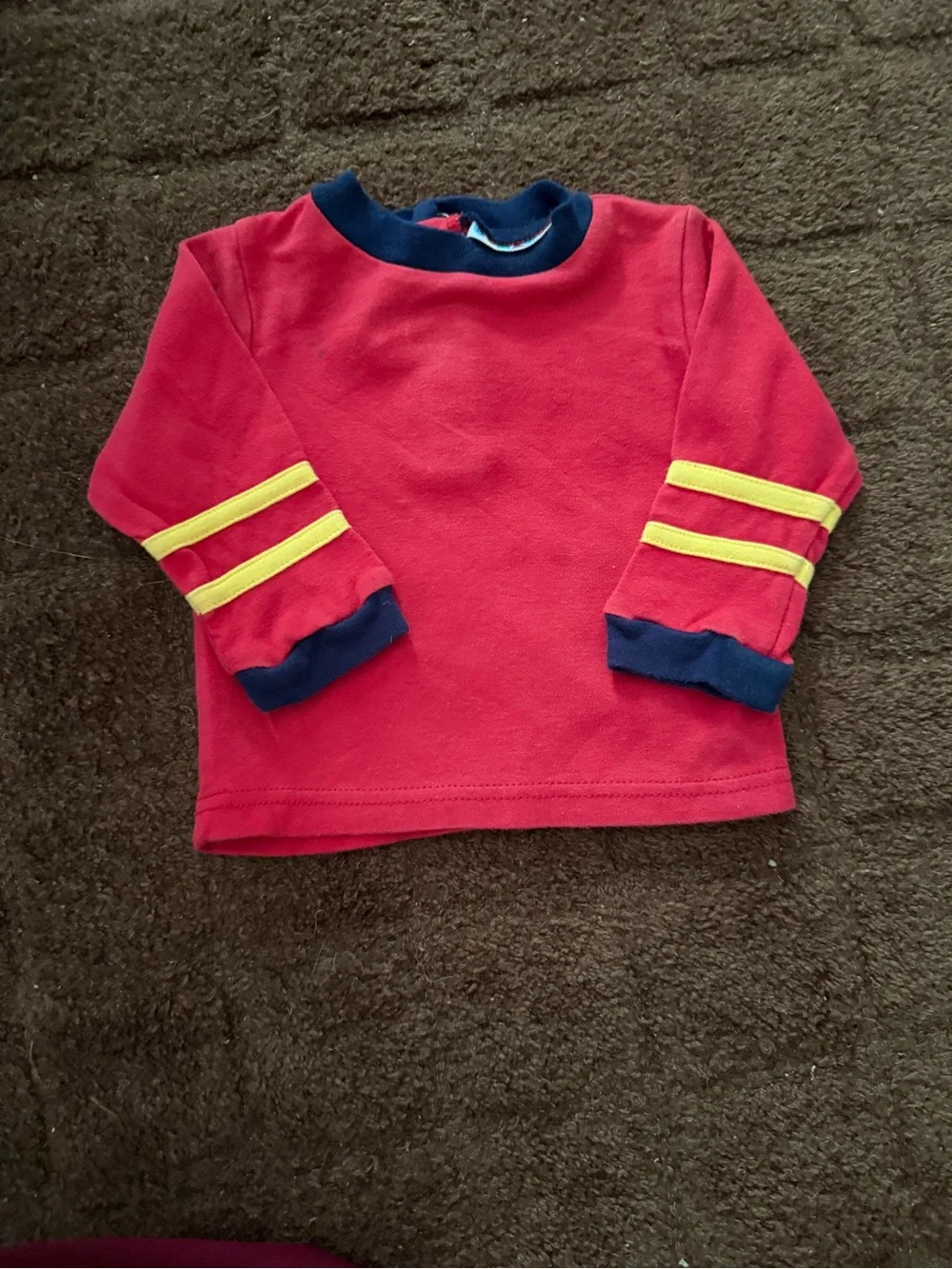 Vintage 12month  Red Long-Sleeve Top with Navy Trim and Yellow Stripe Accents